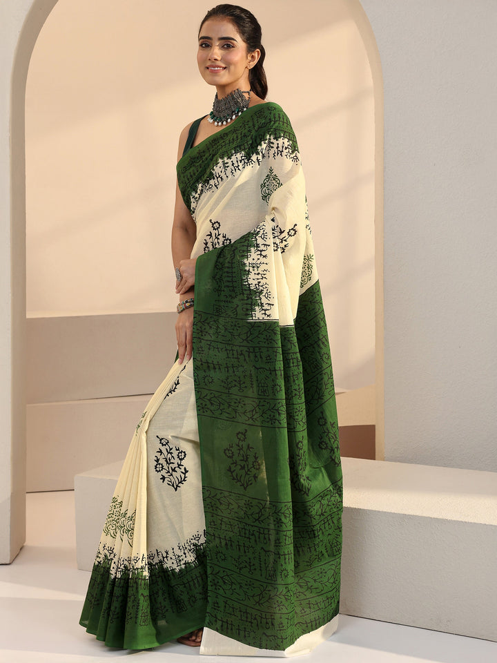 Libas Ombre Beige and Green Block Floral Printed Cotton Saree