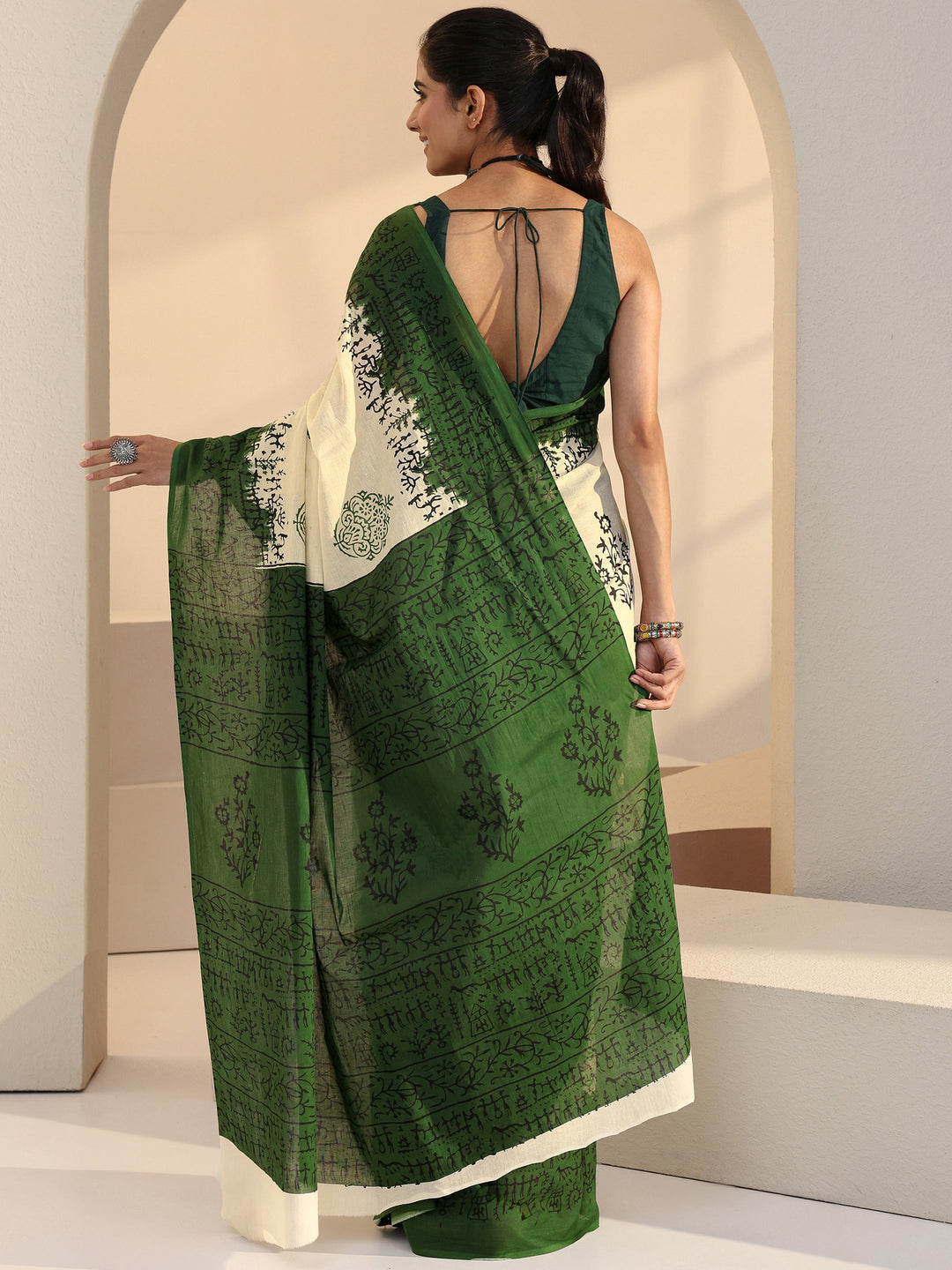 Libas Ombre Beige and Green Block Floral Printed Cotton Saree