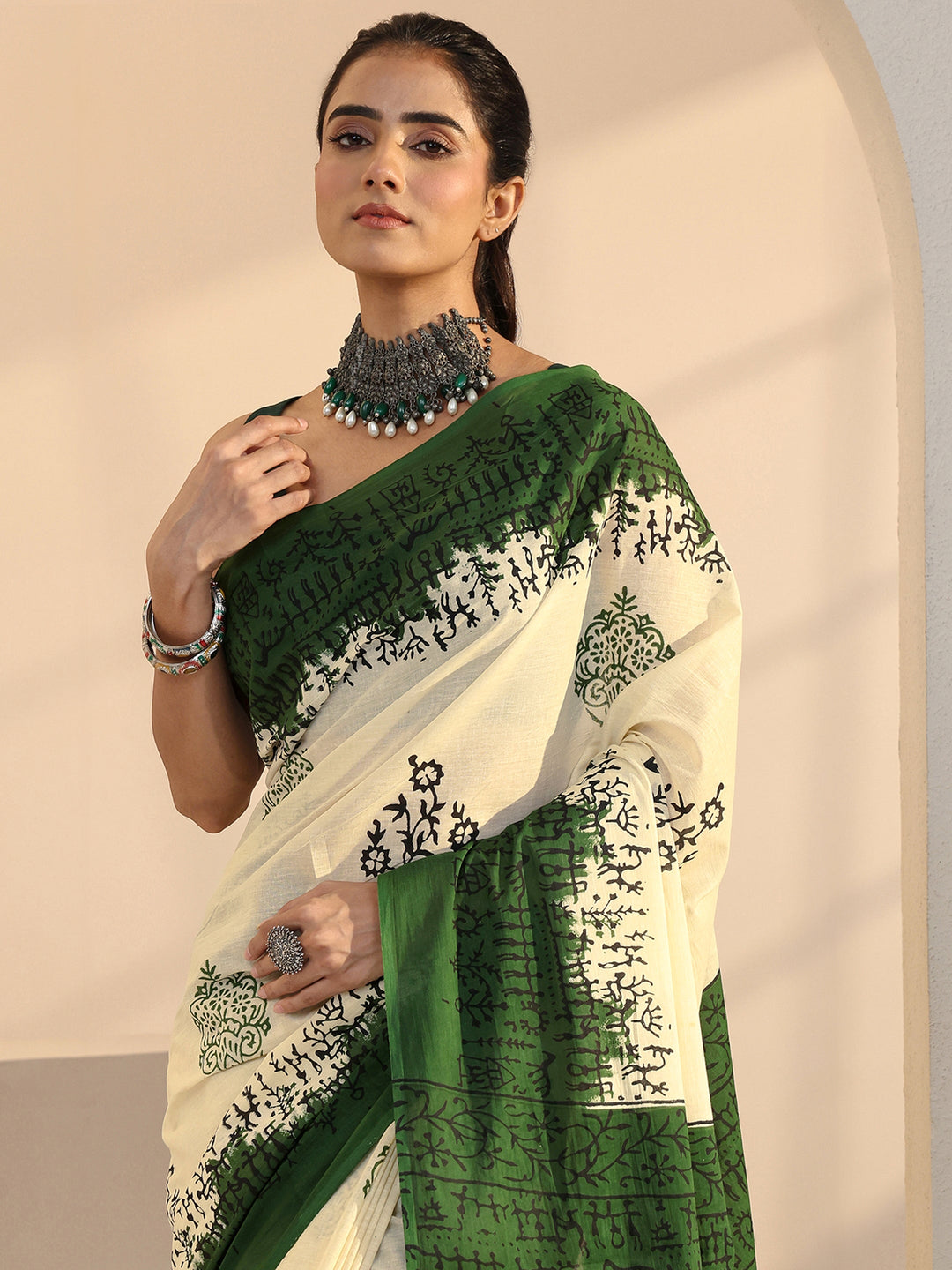 Libas Ombre Beige and Green Block Floral Printed Cotton Saree