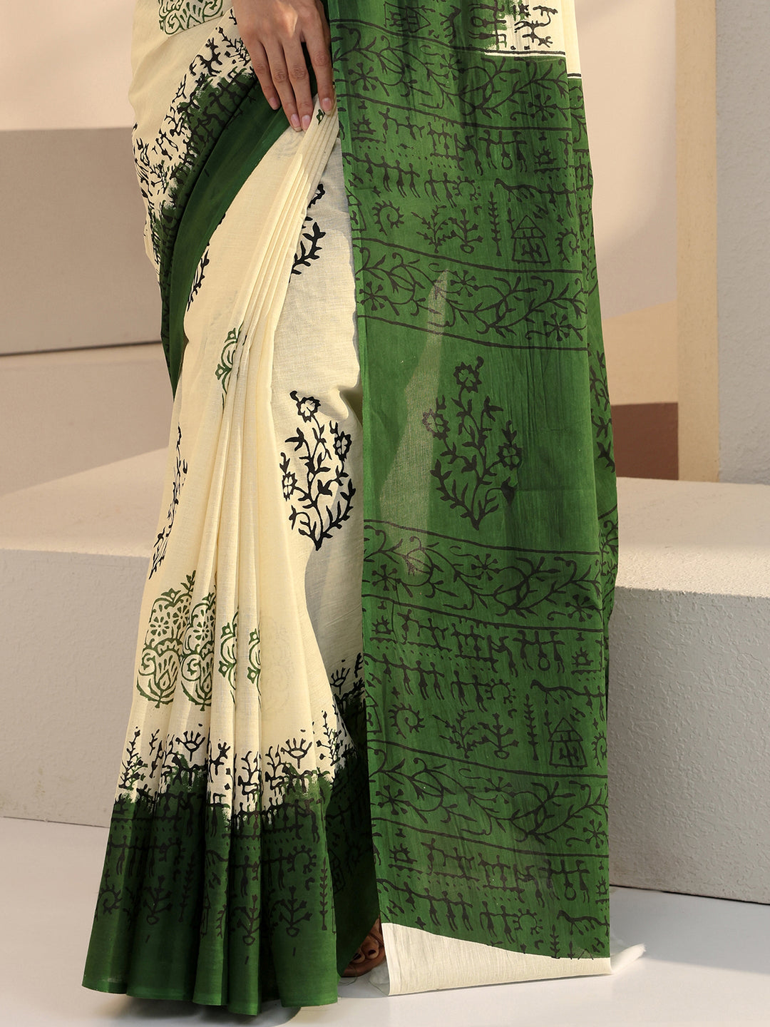 Libas Ombre Beige and Green Block Floral Printed Cotton Saree