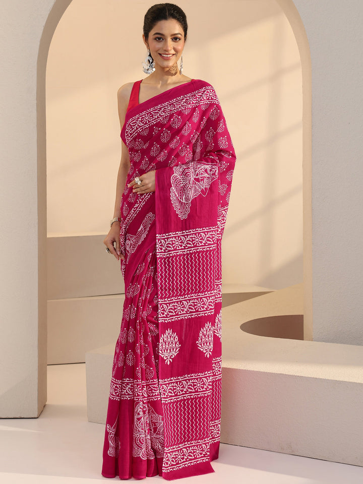 Libas Rose Pink Block Printed Cotton Saree
