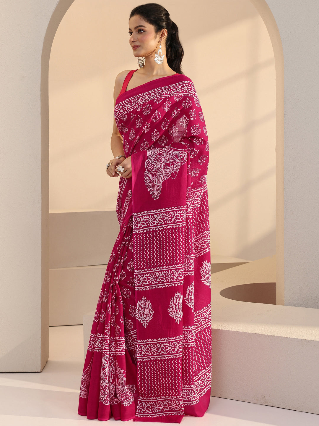 Libas Rose Pink Block Printed Cotton Saree