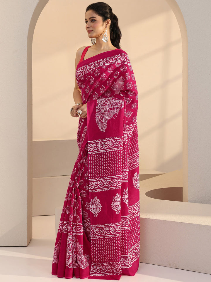 Libas Rose Pink Block Printed Cotton Saree