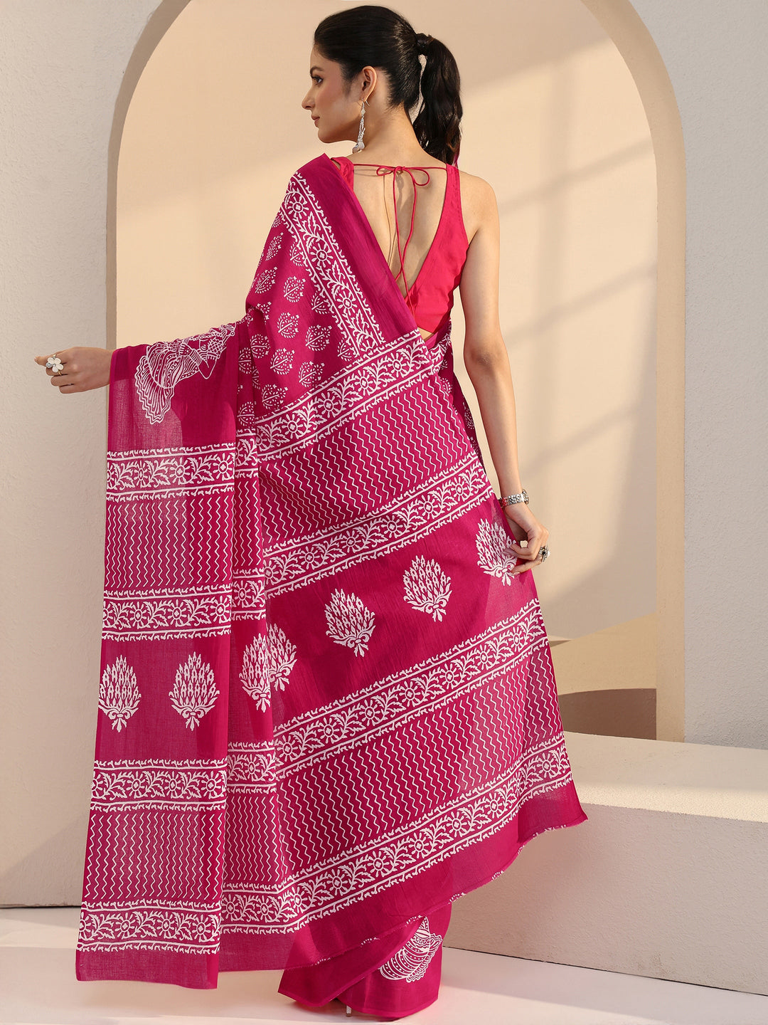 Libas Rose Pink Block Printed Cotton Saree