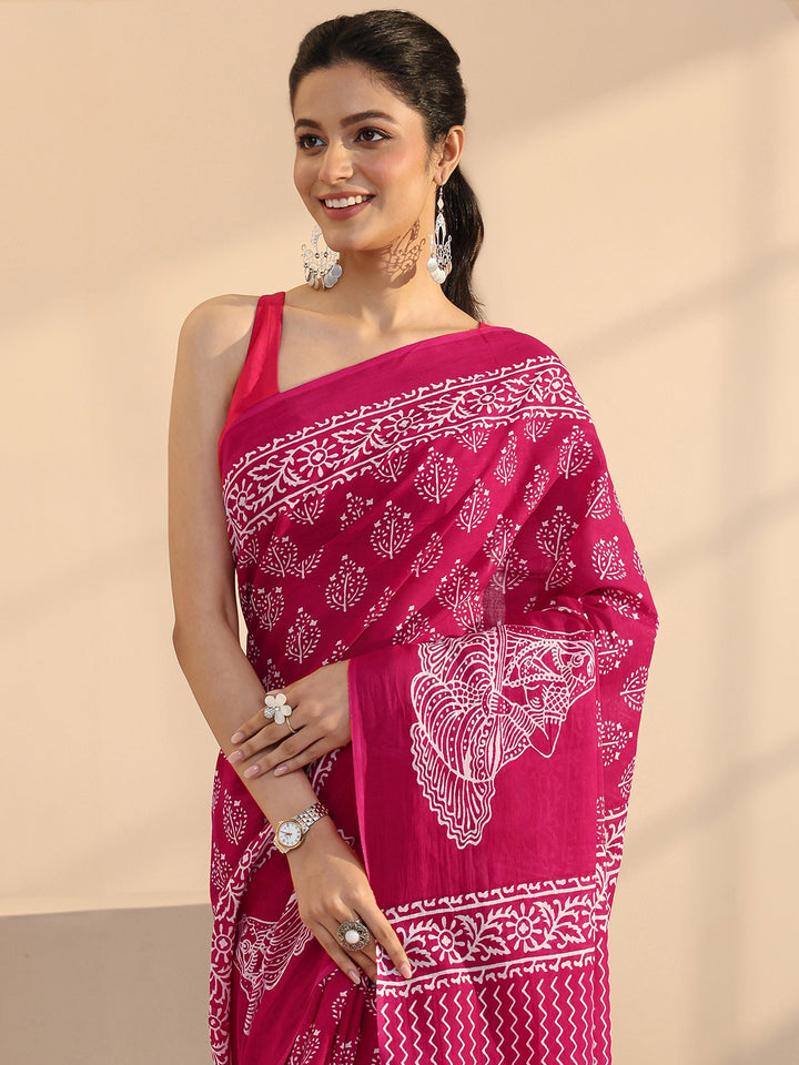 Libas Rose Pink Block Printed Cotton Saree