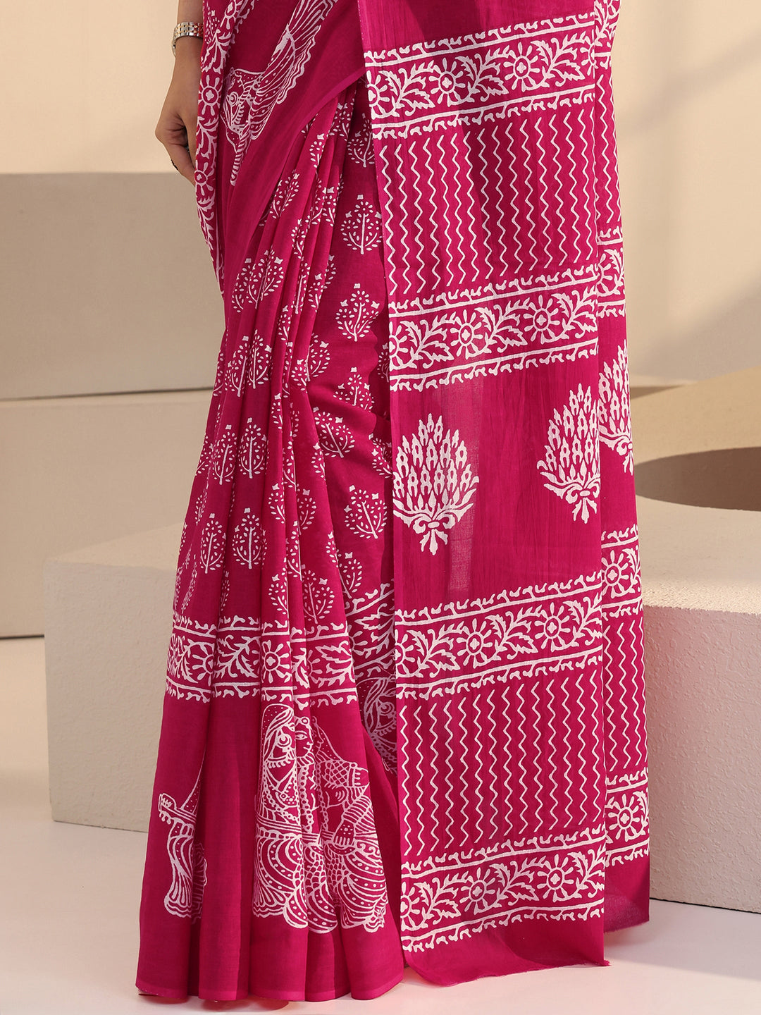 Libas Rose Pink Block Printed Cotton Saree