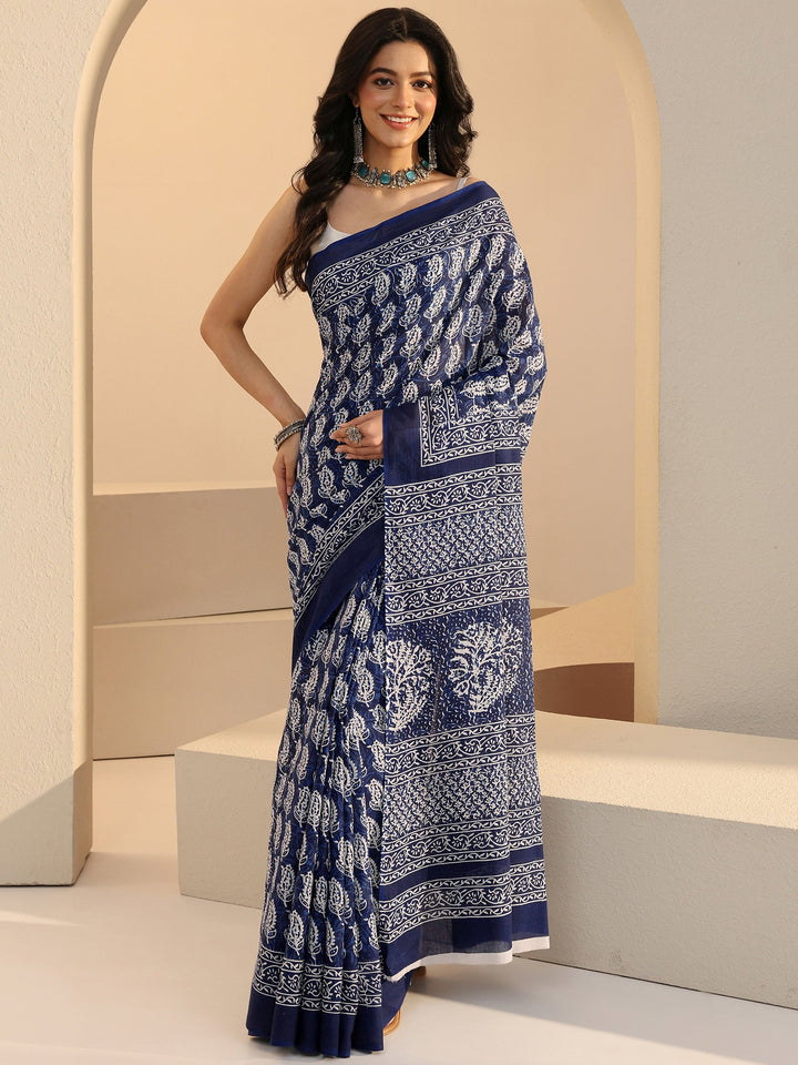 Libas Blue Bagru Print Cotton Saree