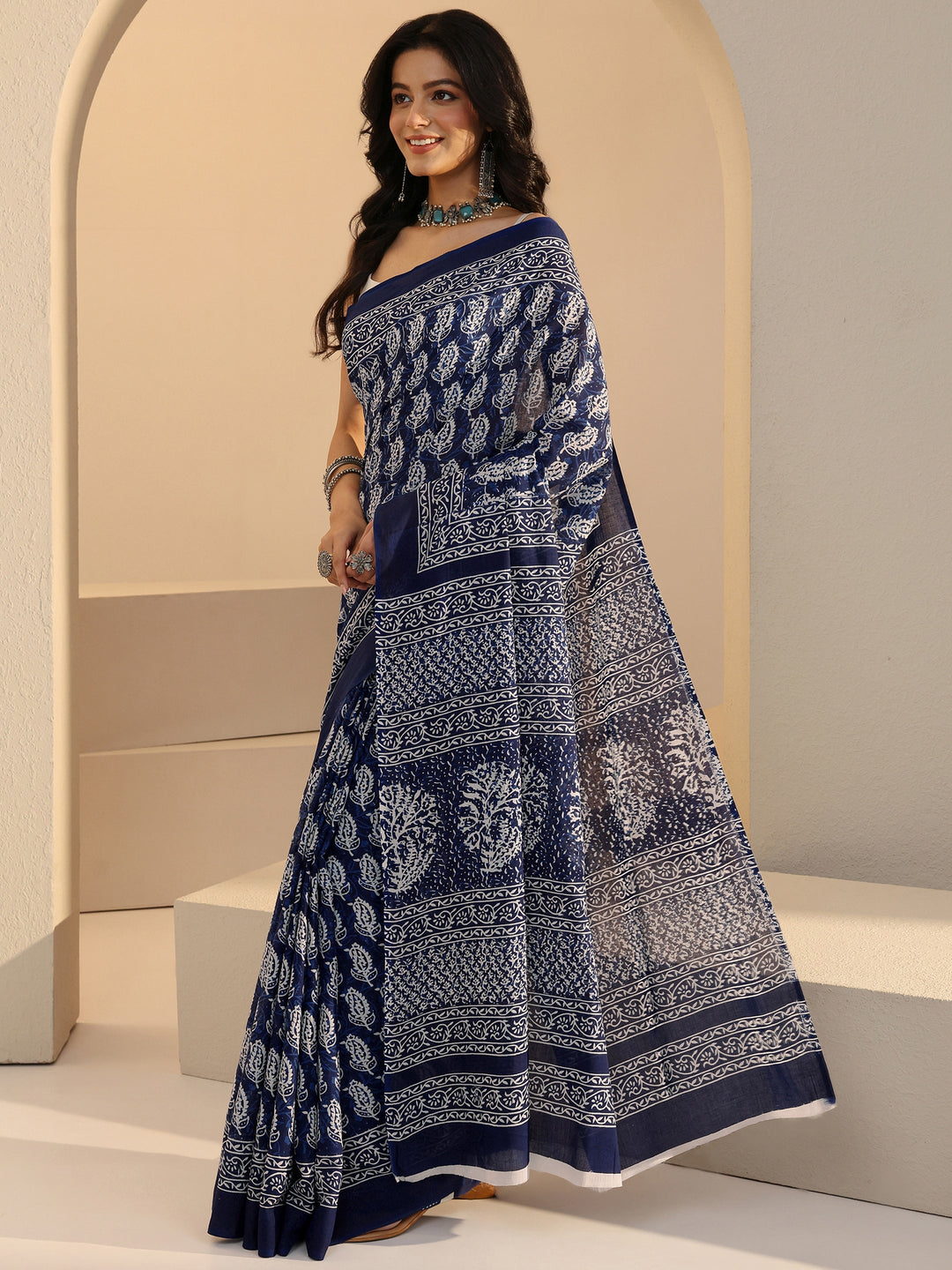 Libas Blue Bagru Print Cotton Saree