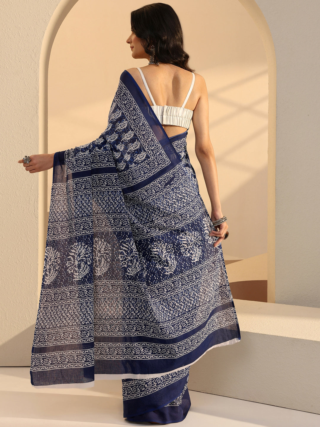 Libas Blue Bagru Print Cotton Saree