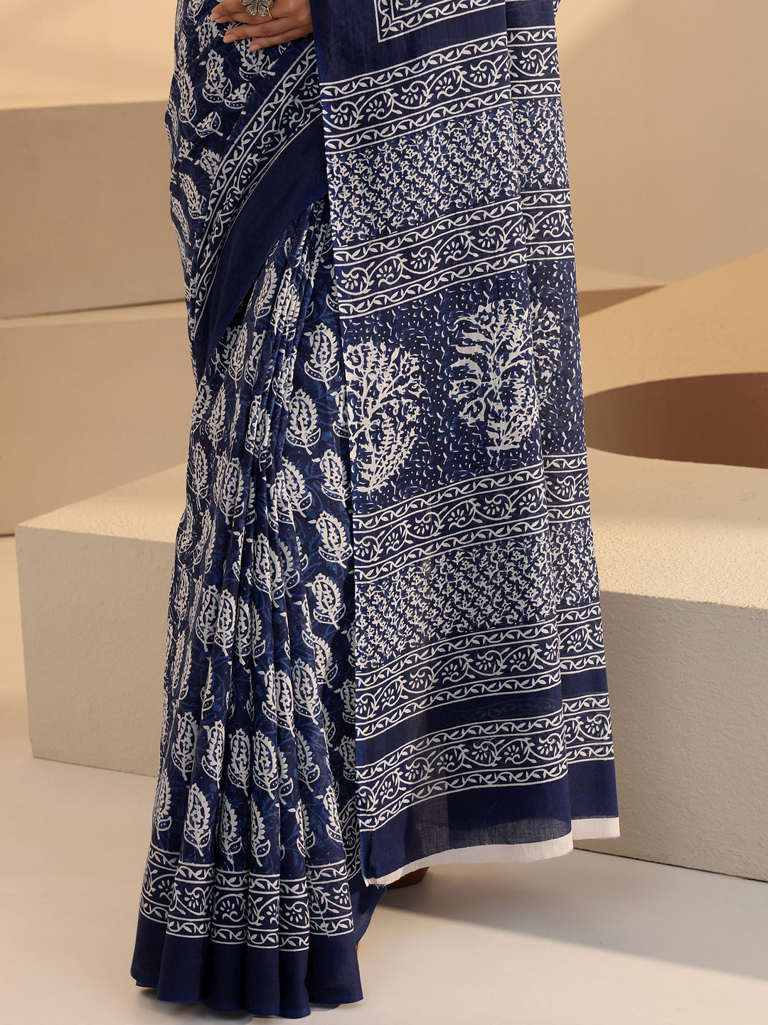 Libas Blue Bagru Print Cotton Saree