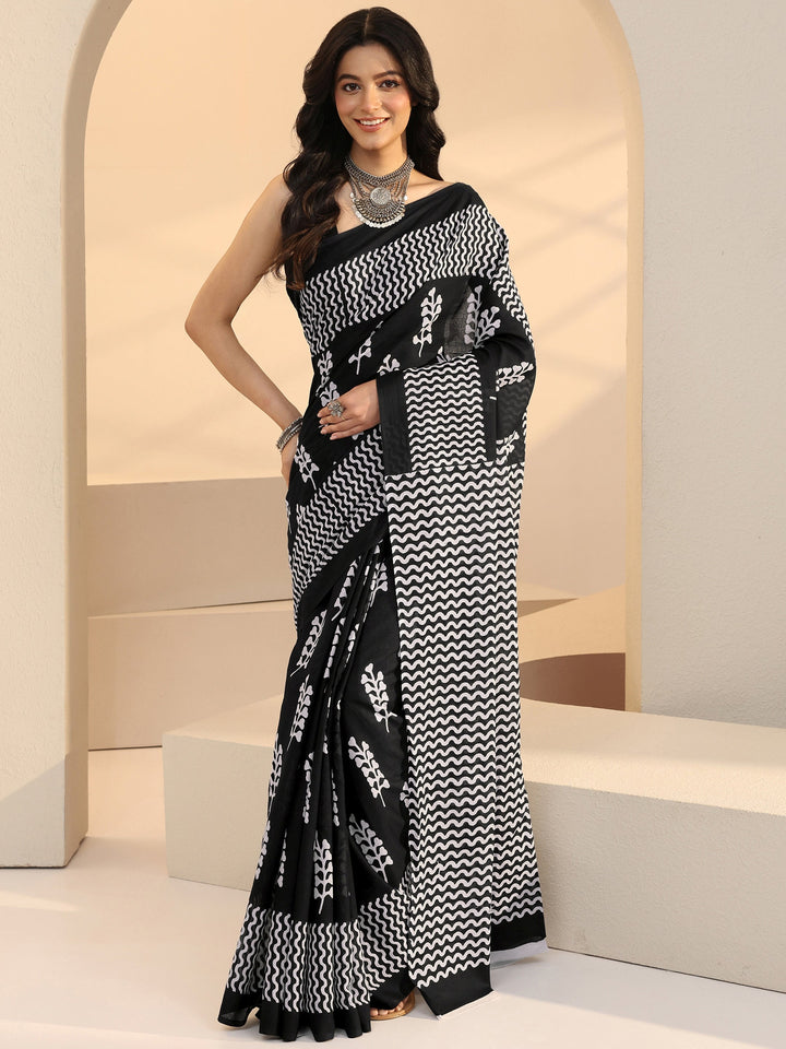 Libas Black Block Printed Cotton Saree
