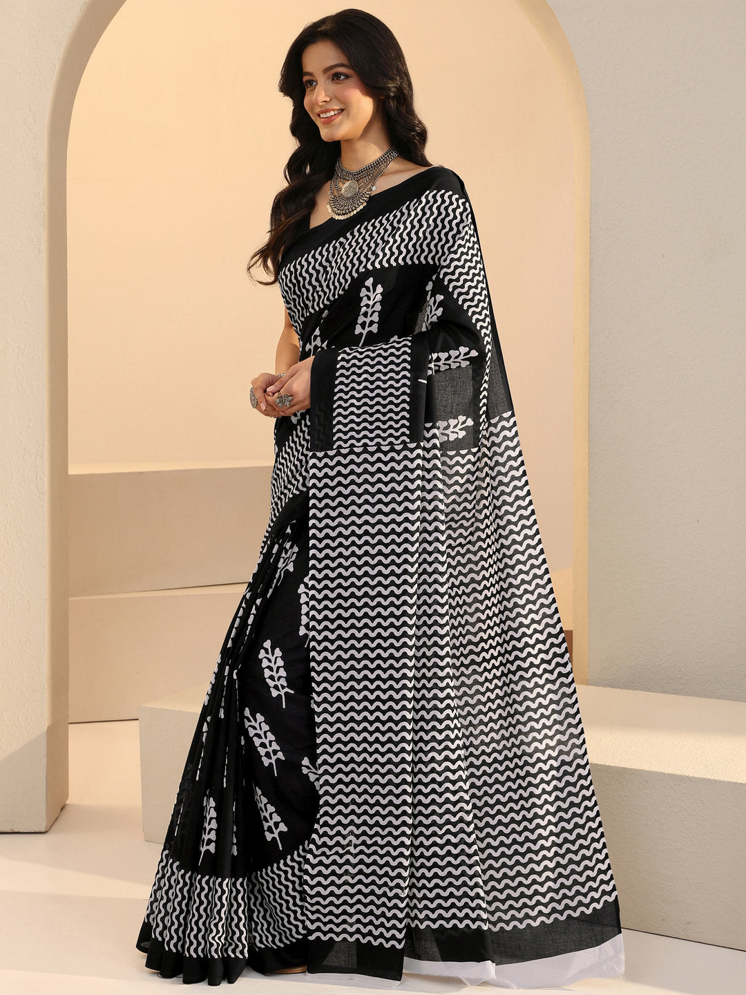 Libas Black Block Printed Cotton Saree