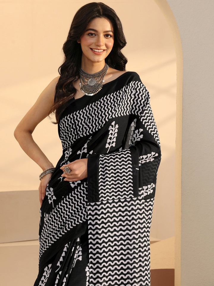 Libas Black Block Printed Cotton Saree