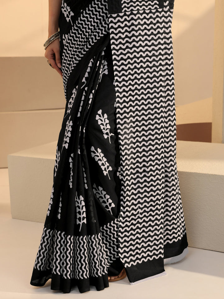 Libas Black Block Printed Cotton Saree