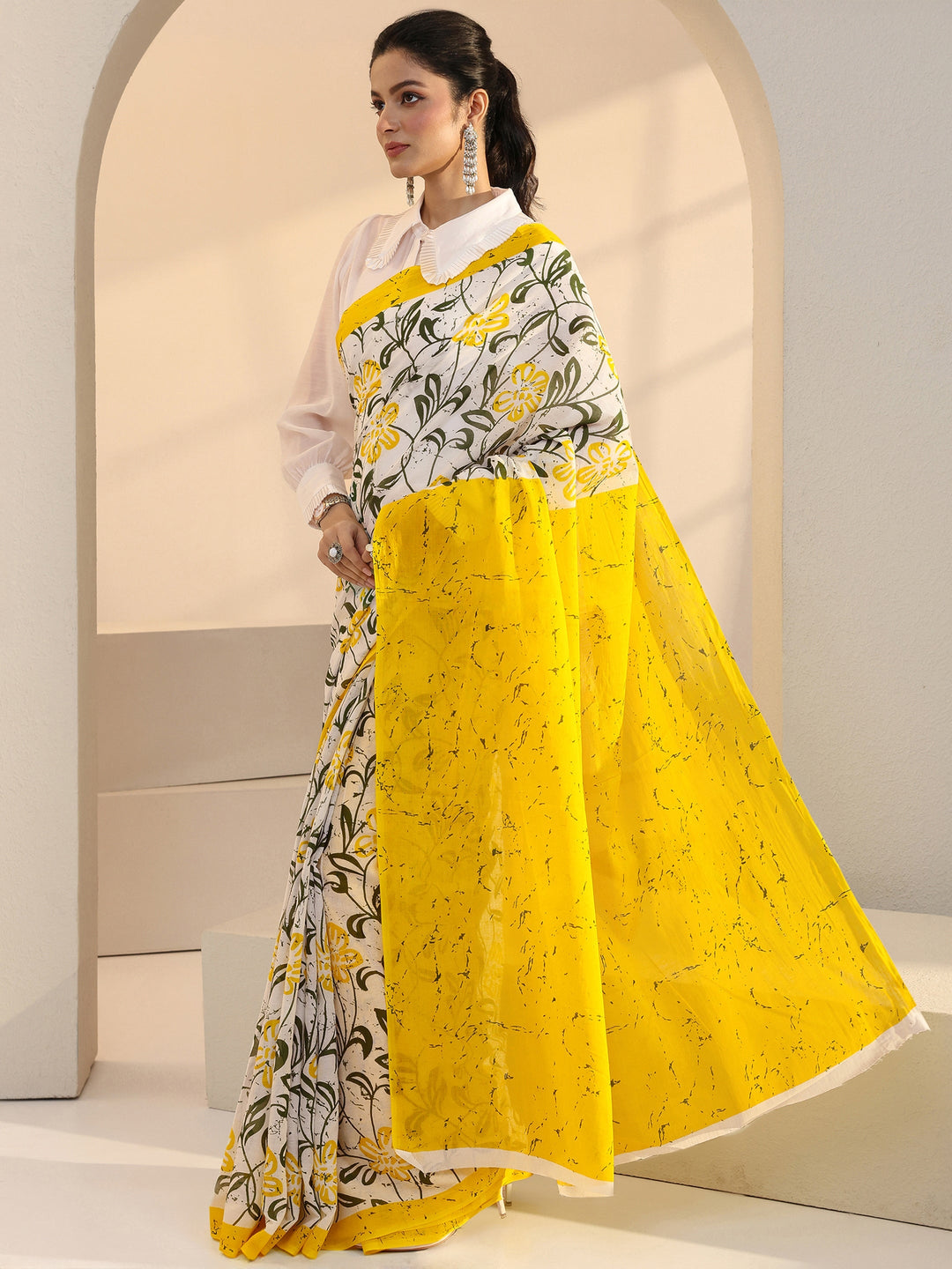 Libas White Floral Print Cotton Saree with Yellow Pallu