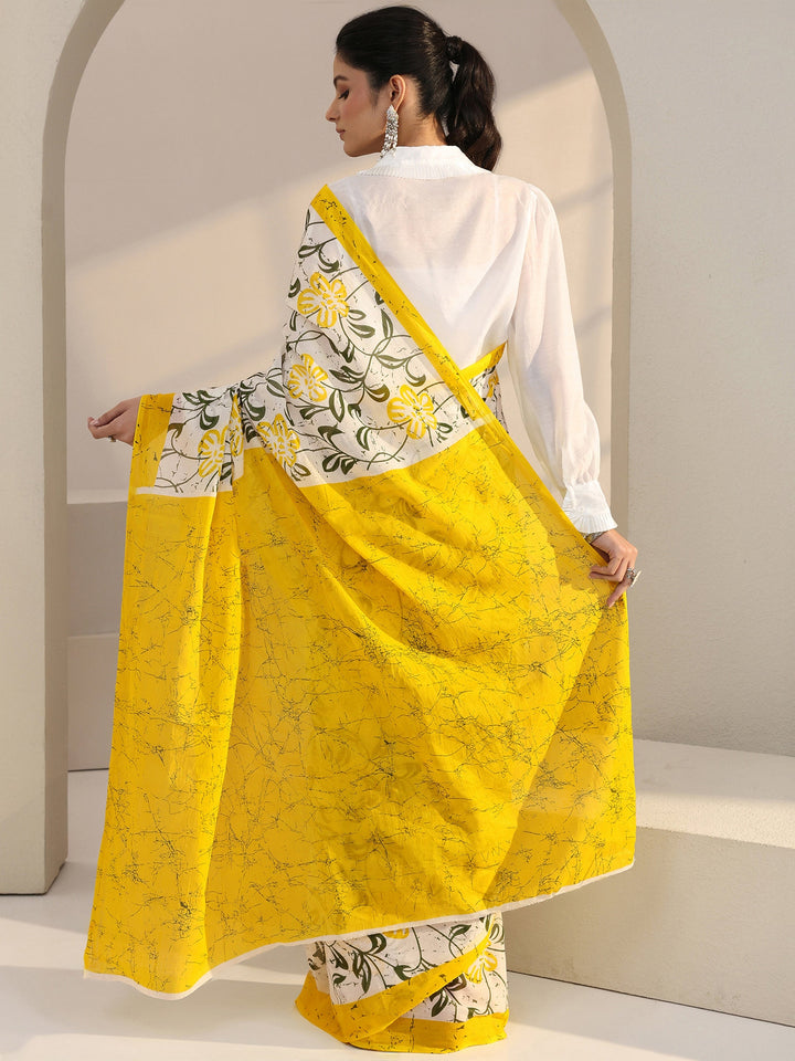 Libas White Floral Print Cotton Saree with Yellow Pallu