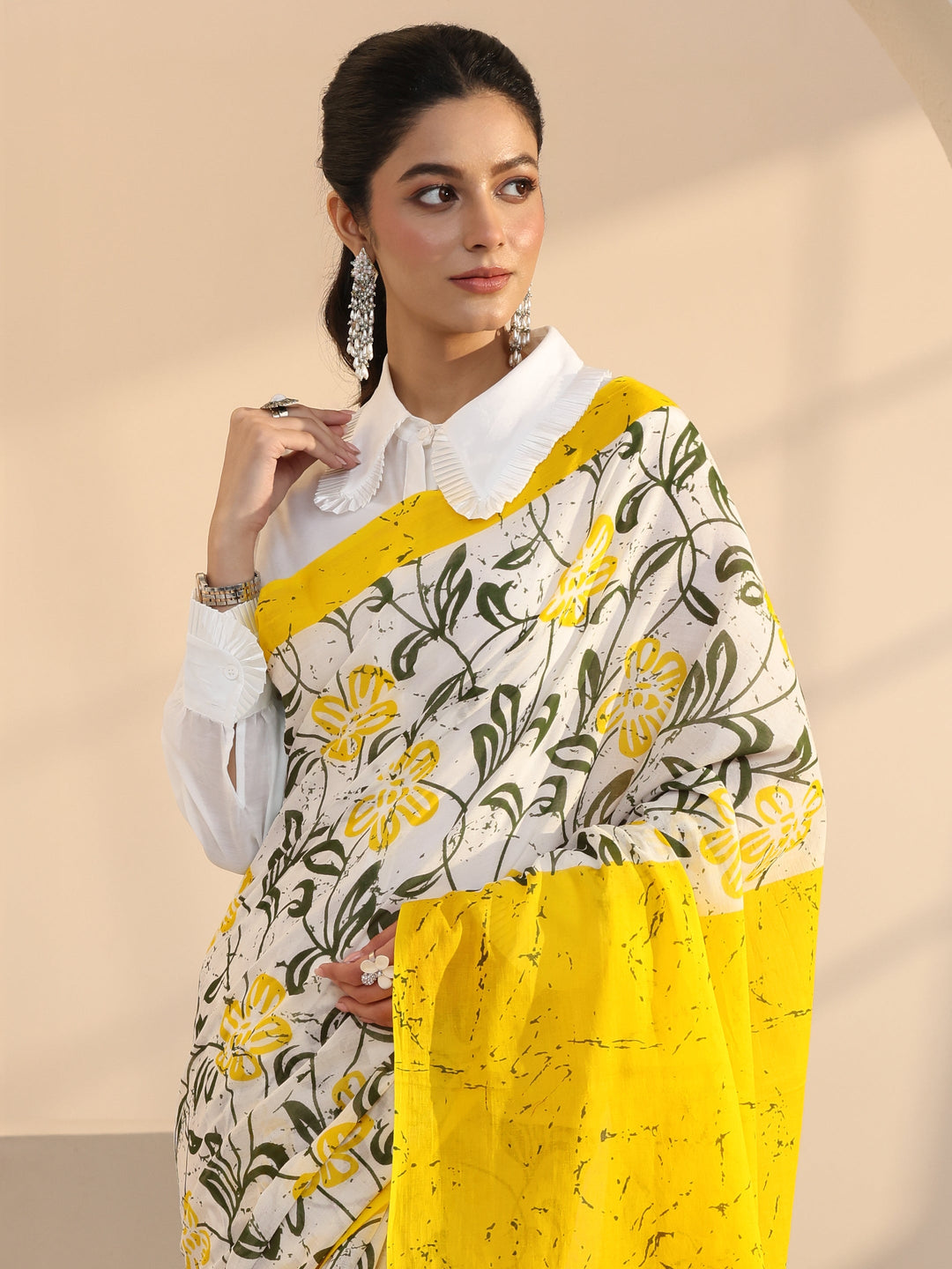 Libas White Floral Print Cotton Saree with Yellow Pallu