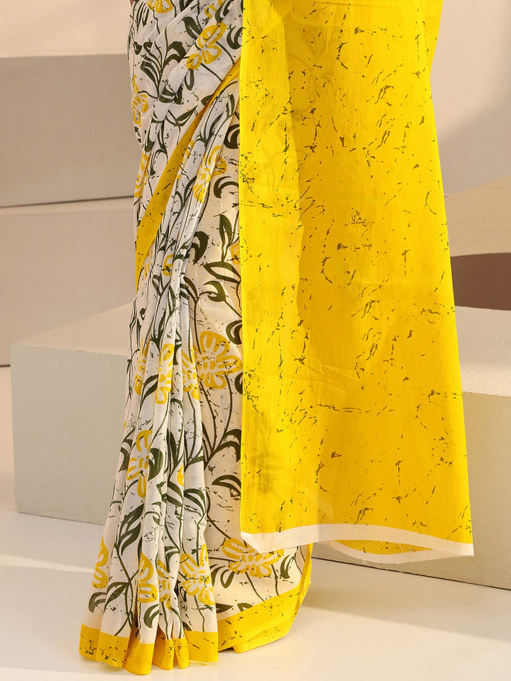 Libas White Floral Print Cotton Saree with Yellow Pallu