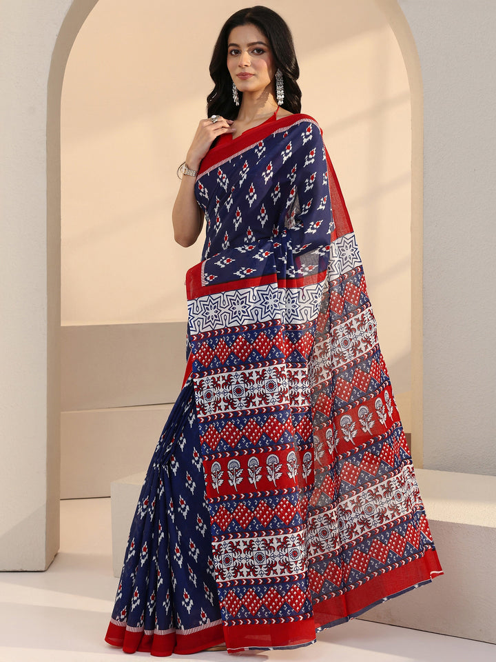 Libas Blue Geometric Print Cotton Saree