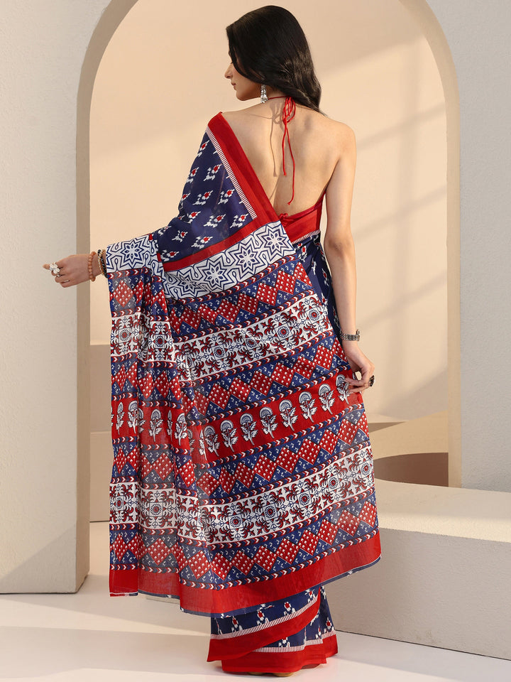 Libas Blue Geometric Print Cotton Saree