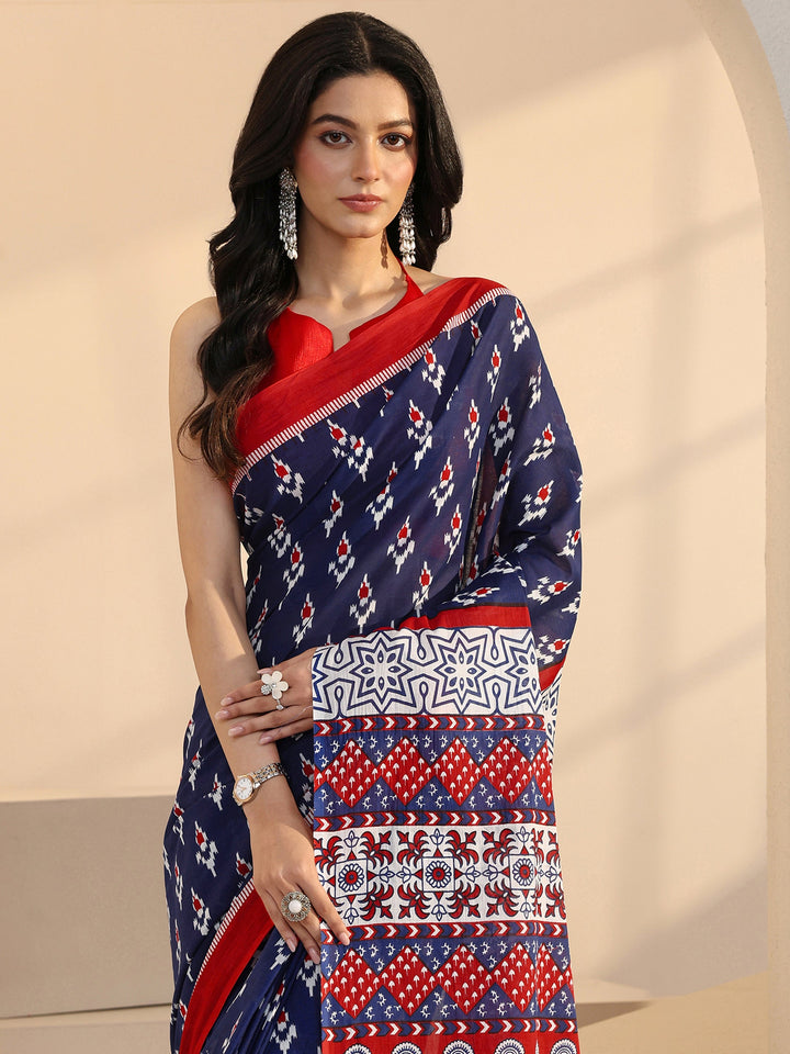 Libas Blue Geometric Print Cotton Saree