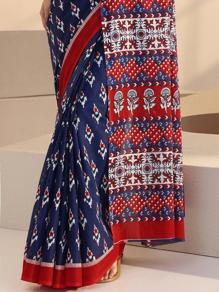 Libas Blue Geometric Print Cotton Saree