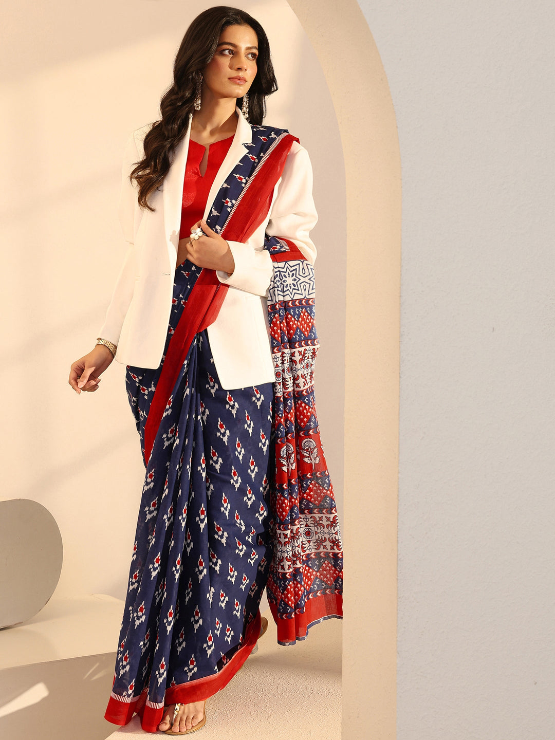 Libas Blue Geometric Print Cotton Saree