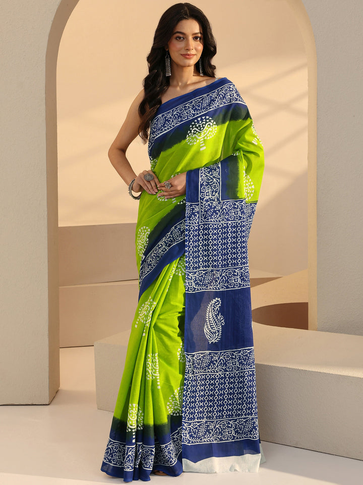 Libas Ombre Blue and Green Block Printed Cotton Saree