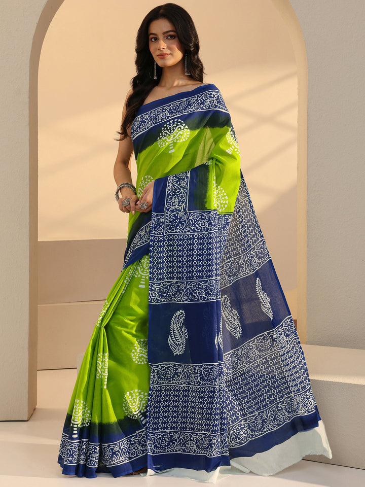 Libas Ombre Blue and Green Block Printed Cotton Saree