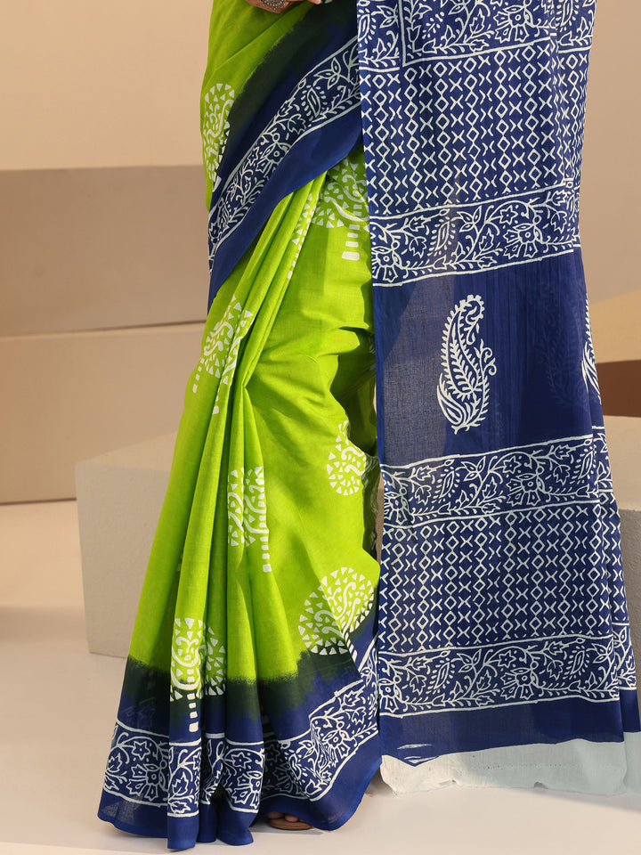 Libas Ombre Blue and Green Block Printed Cotton Saree