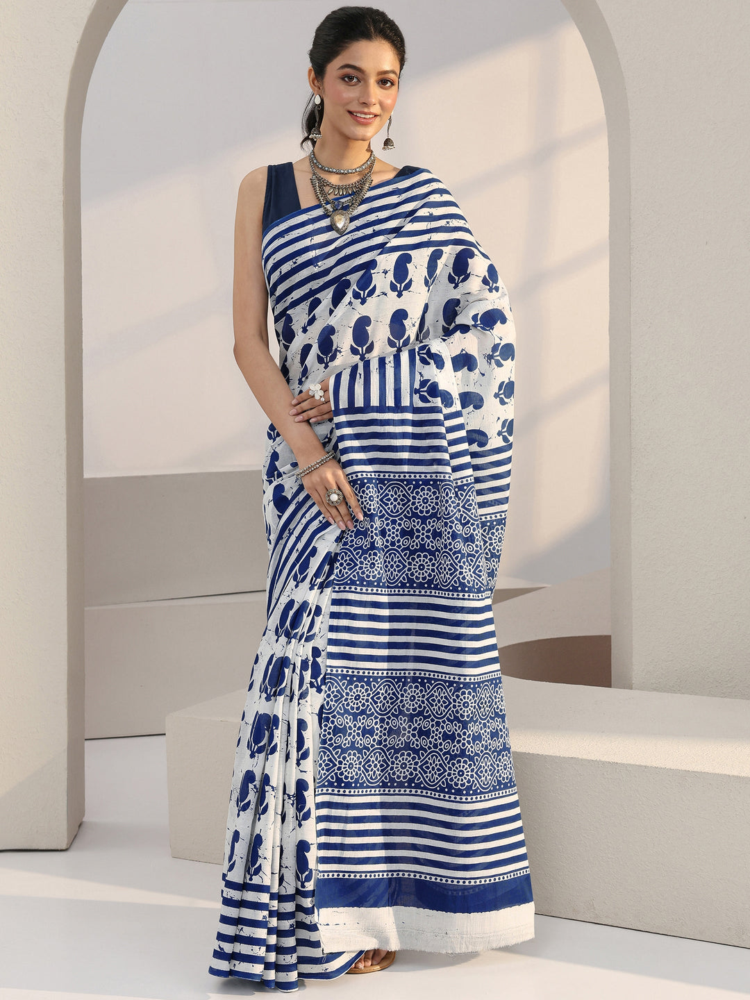 Libas White Paisley Batik Print Cotton Saree