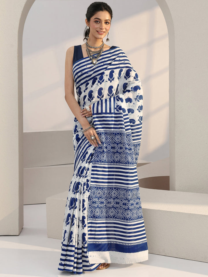 Libas White Paisley Batik Print Cotton Saree