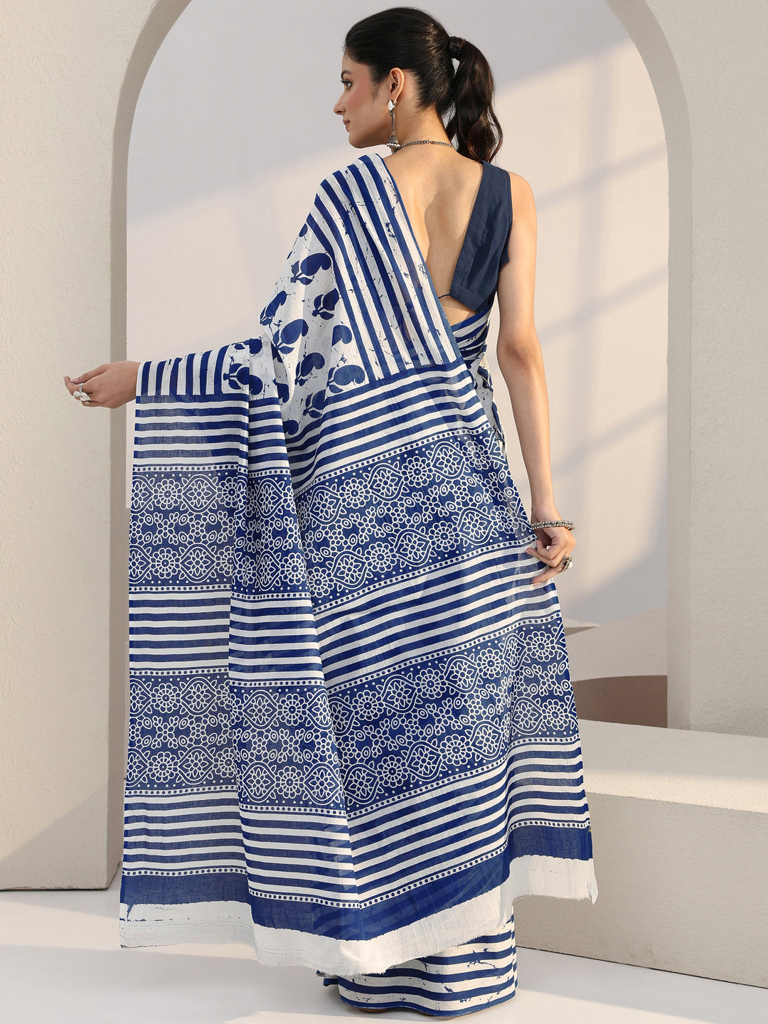 Libas White Paisley Batik Print Cotton Saree