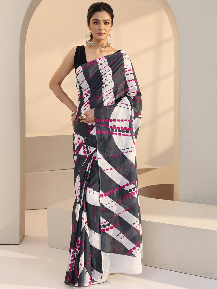 Libas Grey Geometric Print Cotton Saree