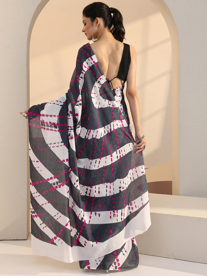 Libas Grey Geometric Print Cotton Saree