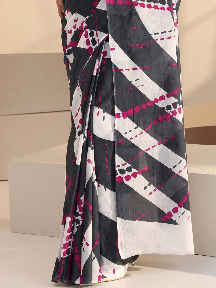 Libas Grey Geometric Print Cotton Saree