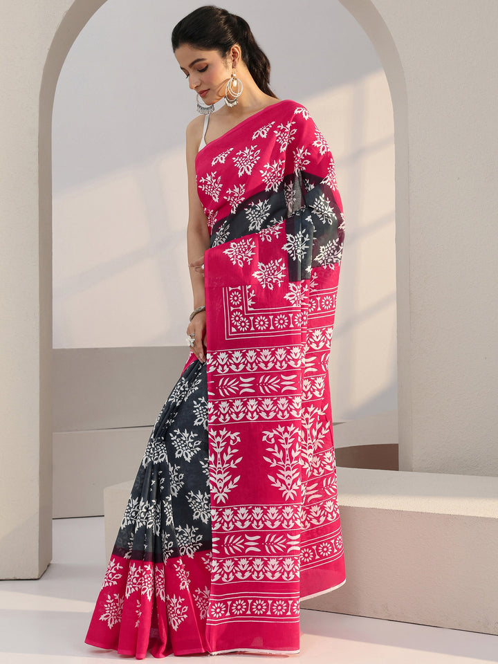 Libas Grey Floral Print Cotton Saree