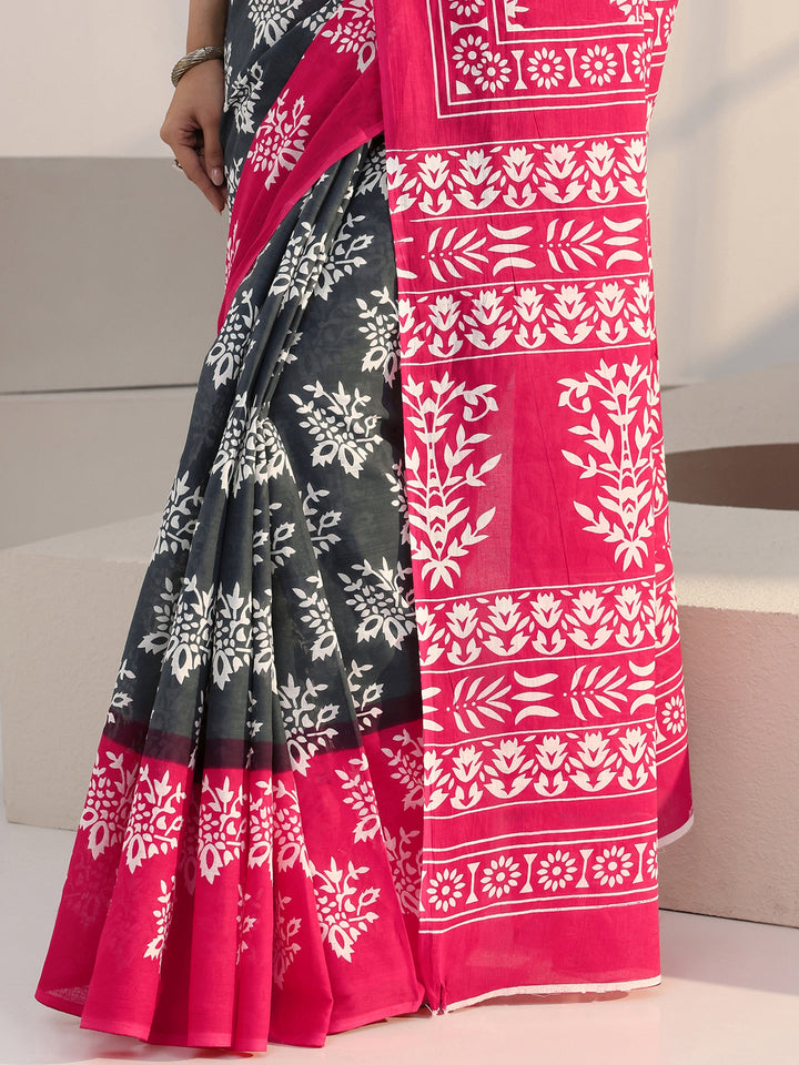 Libas Grey Floral Print Cotton Saree