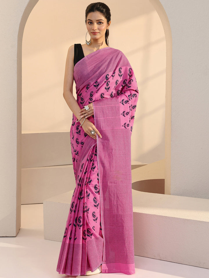 Libas Rose Pink Paisley Print Cotton Saree