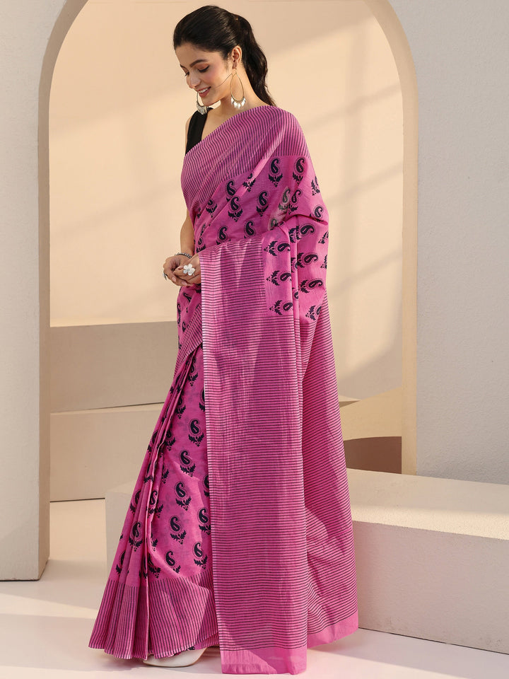 Libas Rose Pink Paisley Print Cotton Saree