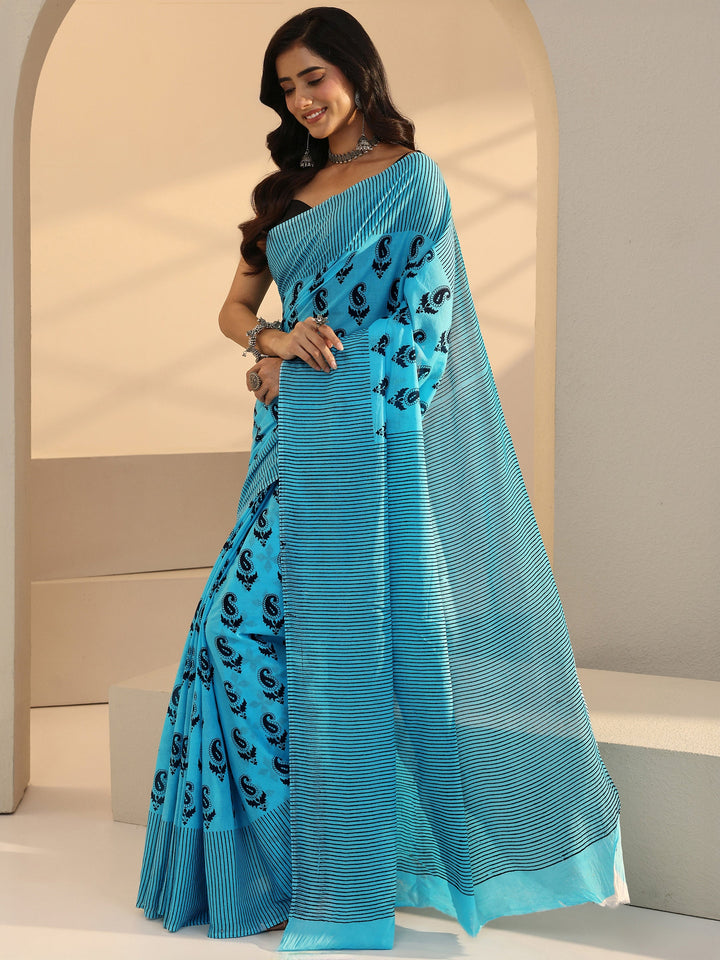 Libas Sky Blue Paisley Print Cotton Saree