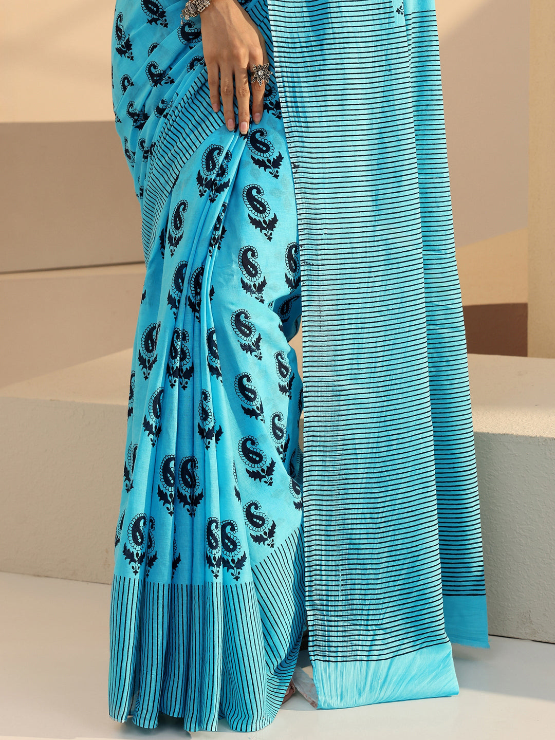 Libas Sky Blue Paisley Print Cotton Saree