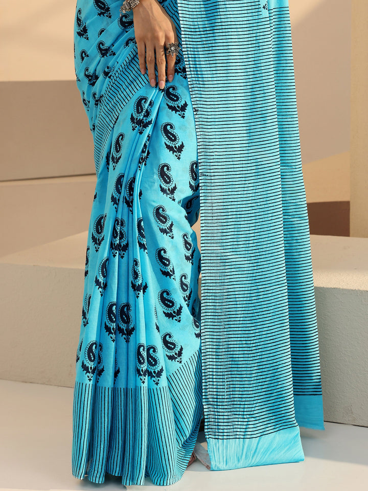 Libas Sky Blue Paisley Print Cotton Saree