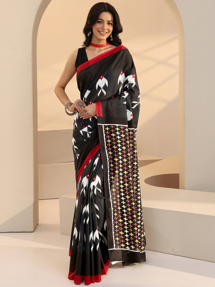 Libas Black Fish Print Cotton Saree