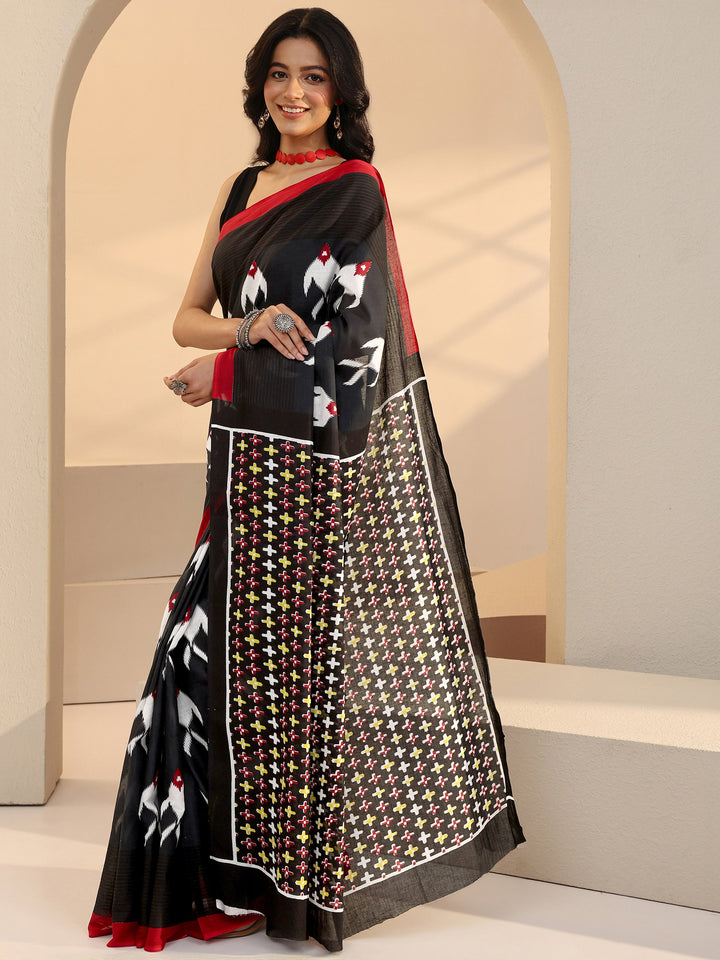 Libas Black Fish Print Cotton Saree