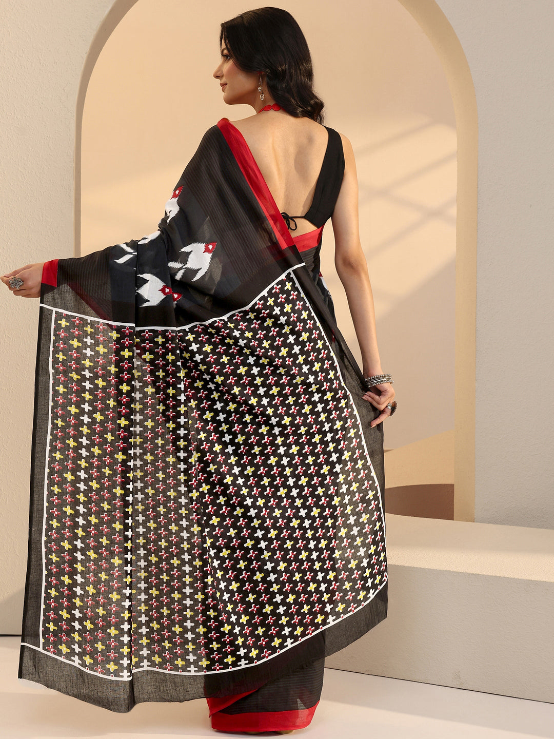 Libas Black Fish Print Cotton Saree