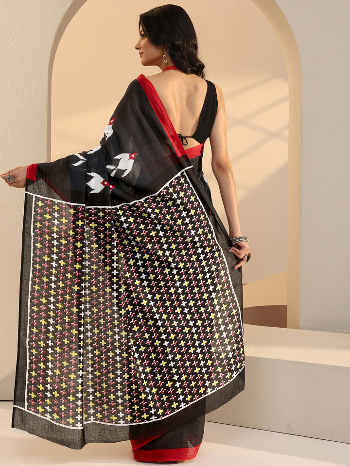 Libas Black Fish Print Cotton Saree