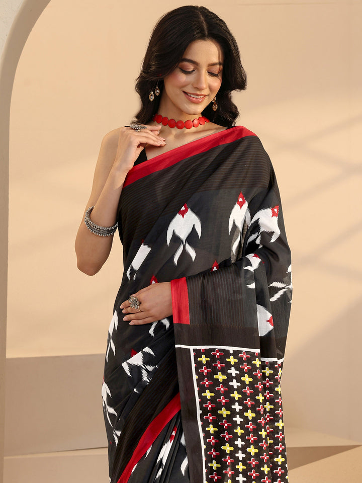 Libas Black Fish Print Cotton Saree