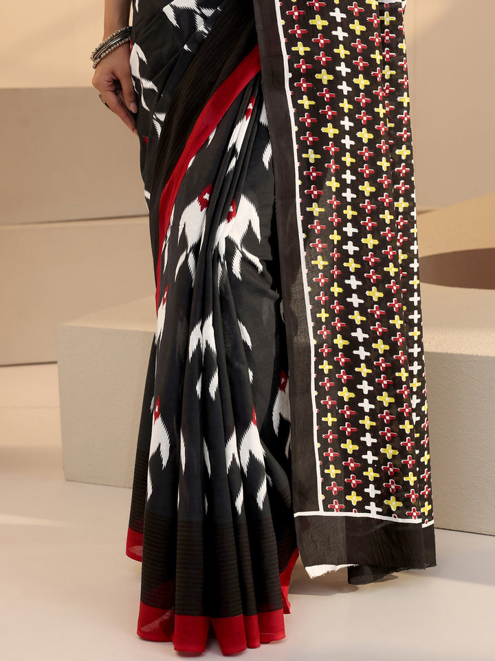 Libas Black Fish Print Cotton Saree