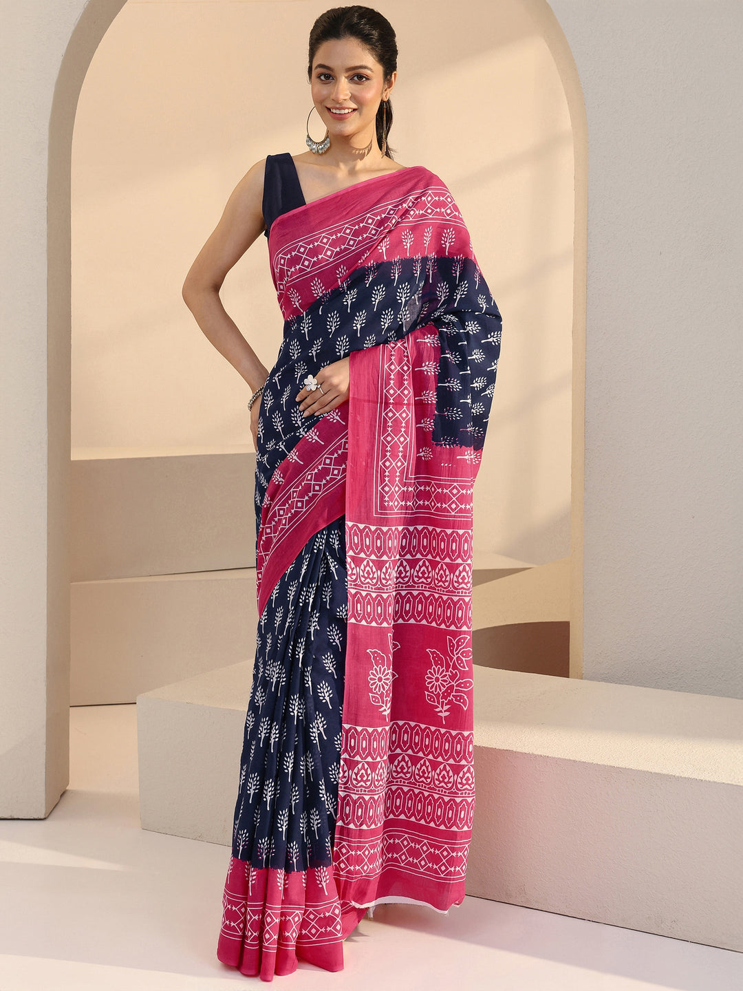 Libas Navy Floral Dabu Print Cotton Saree